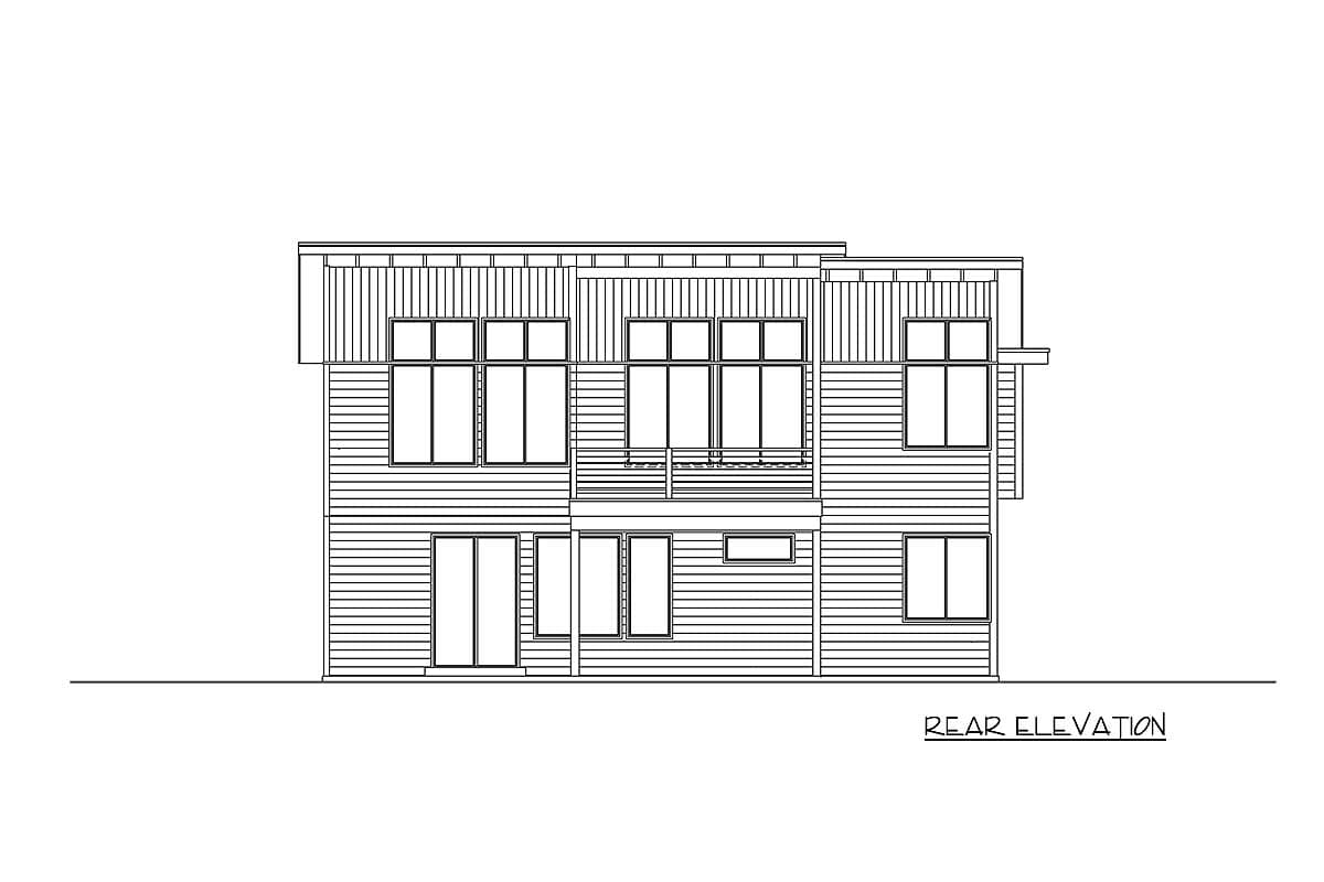 Rear elevation drawing of a two-story house plan featuring horizontal siding, multiple windows, and a balcony.