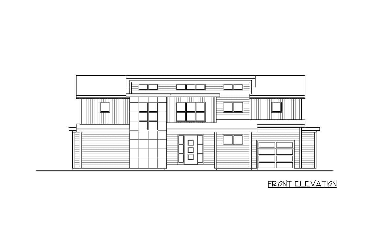 Front elevation of a modern house plan with layered rooflines, horizontal siding, multiple window configurations, and a garage.