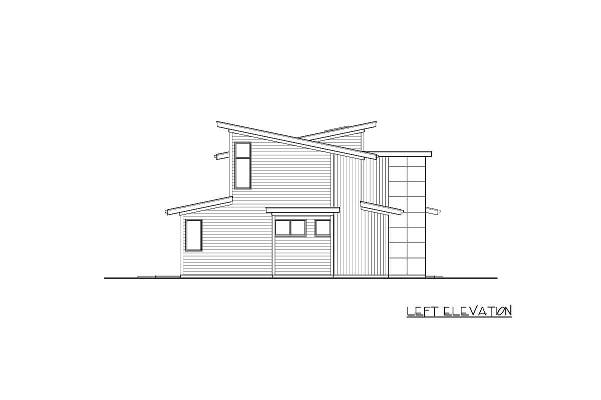 Left elevation house plan with asymmetric rooflines, horizontal siding, and a grid window feature.
