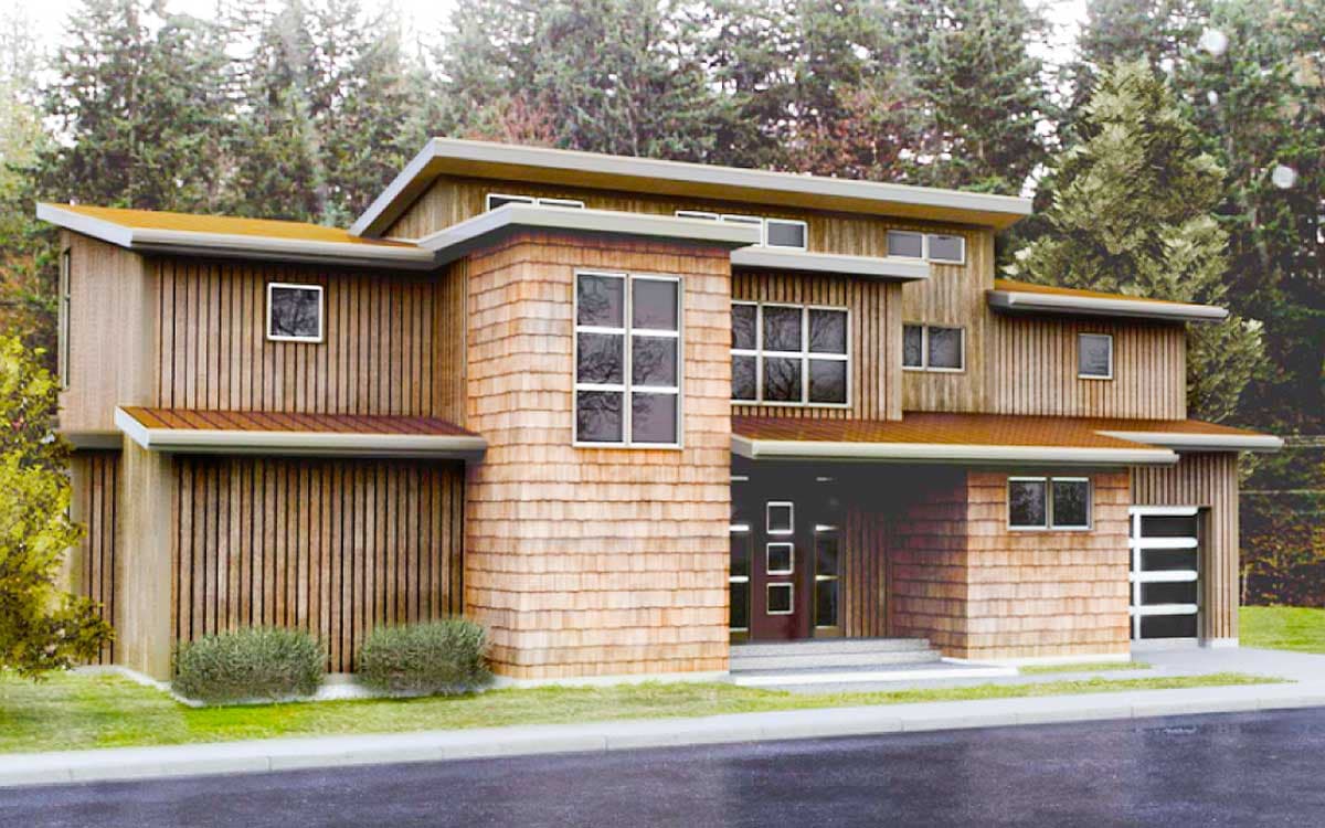 House plan exterior. Two-story modern house with flat roof, wood siding, and shingle accents. Features include covered entry and attached garage.