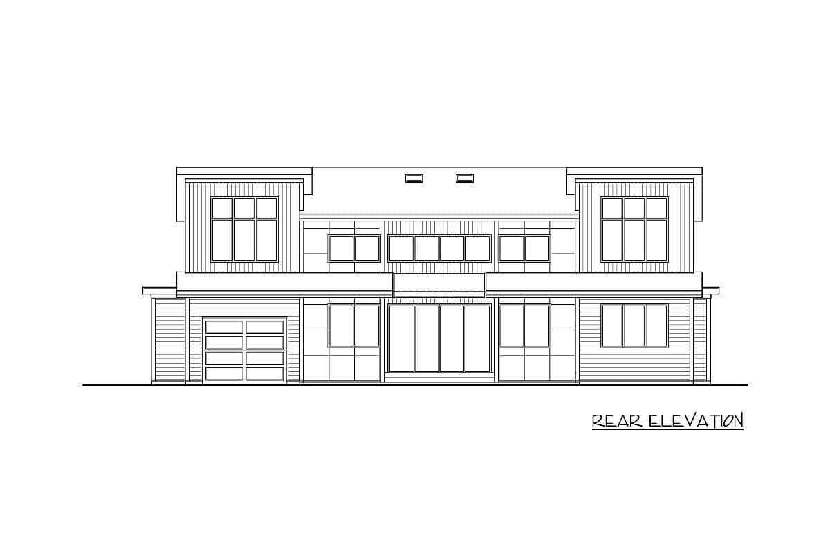 Rear elevation house plan showing a two-story modern home with a garage, large windows, and stacked gables.