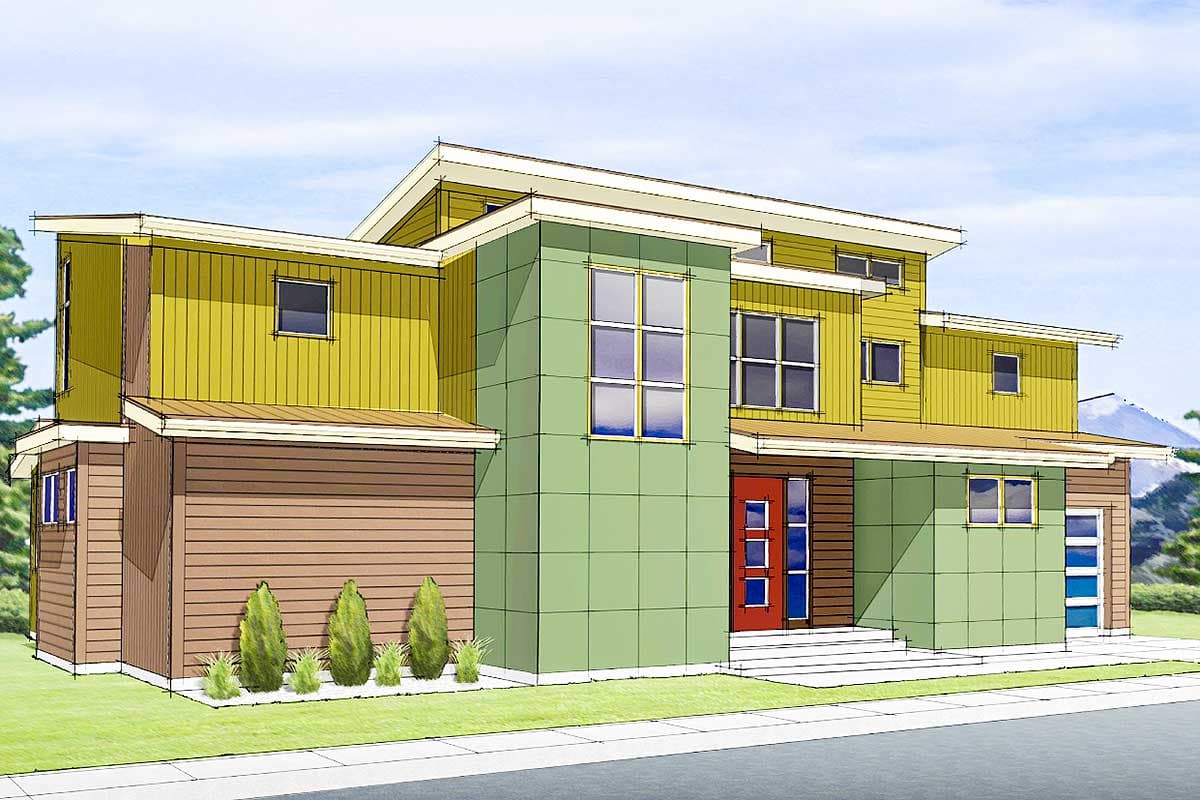 Modern two-story house plan exterior with a red front door, horizontal siding, and multiple gables.