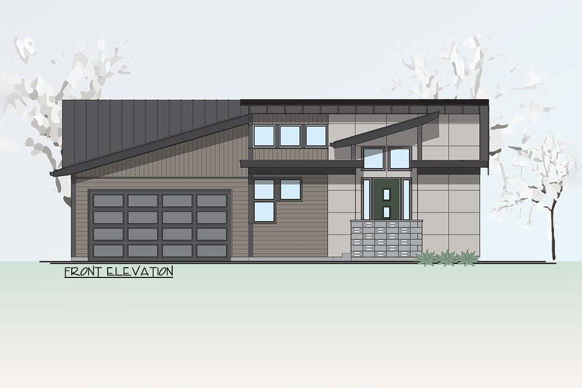 Front elevation house plan with a modern style, two stories, garage, and prominent angled rooflines.