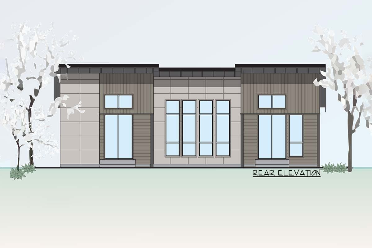 Rear elevation of a modern house plan featuring a flat roof, mixed siding, and large windows.