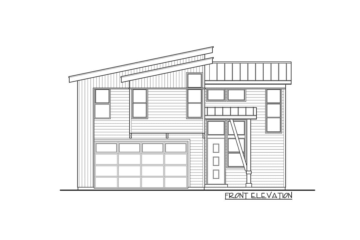 Front elevation drawing of a two-story house plan with a modern design, featuring a prominent asymmetrical roofline and a multi-panel garage door.