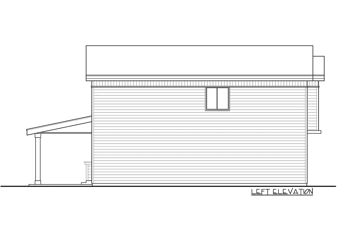 House plan left elevation drawing shows a covered porch on one side and a window on the main level.