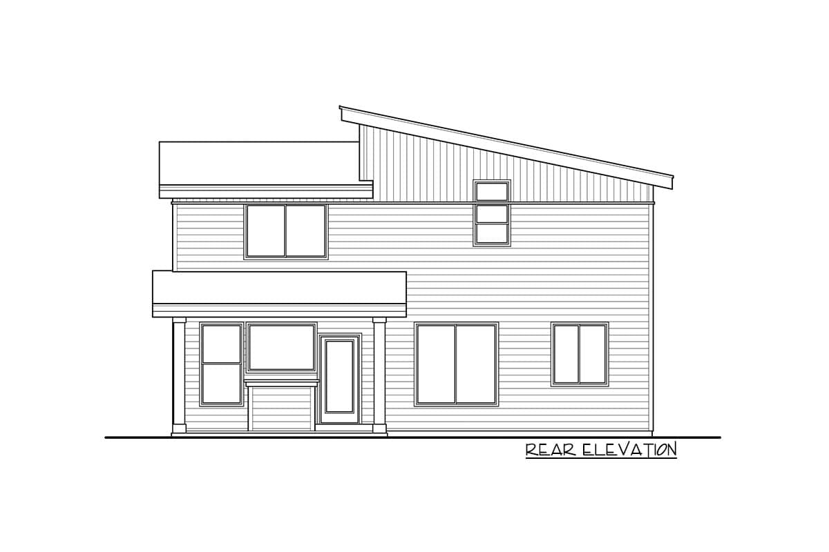 Rear elevation house plan with a two-story structure, sloped roofline, covered entry, and horizontal siding.