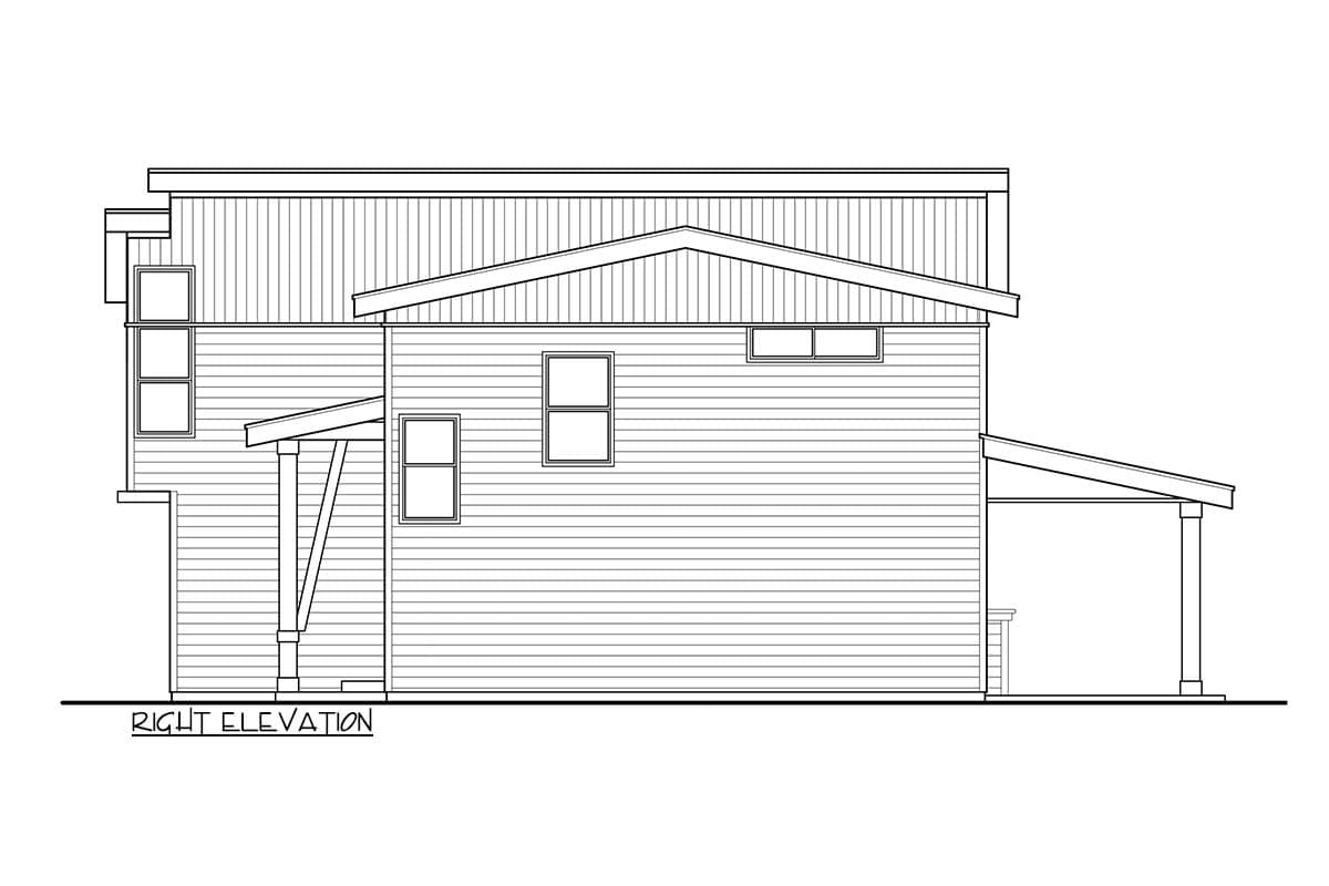 Right elevation drawing of a two-story house with horizontal siding, gabled roofline, and covered porch.