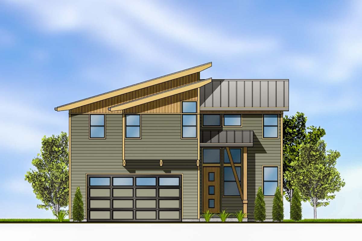 House plan exterior. Two-story modern style with shed roof, metal roof, and attached garage. Entry has a covered porch.