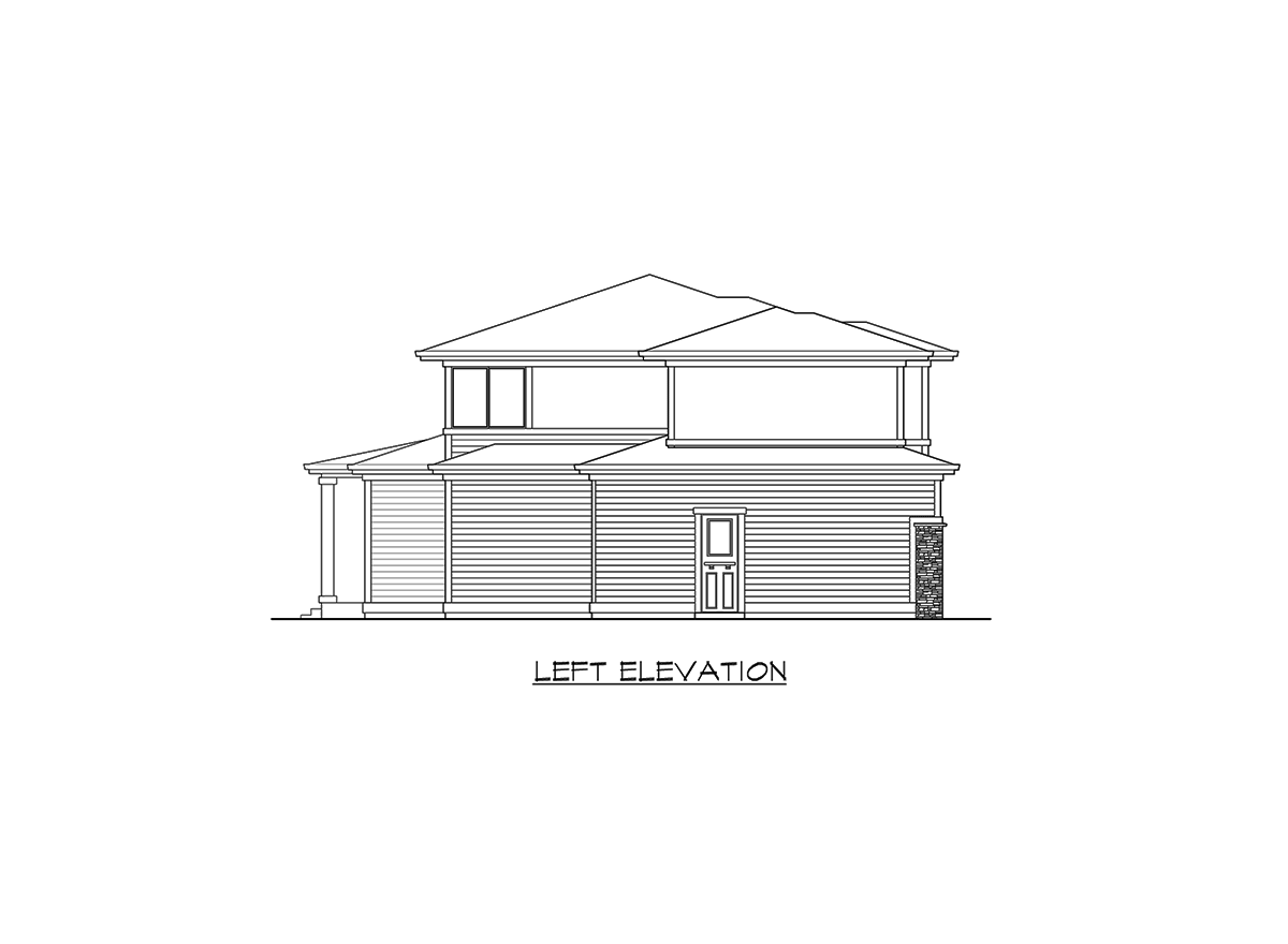 Left elevation drawing of a two-story house plan with horizontal siding, a double door, and porch columns.
