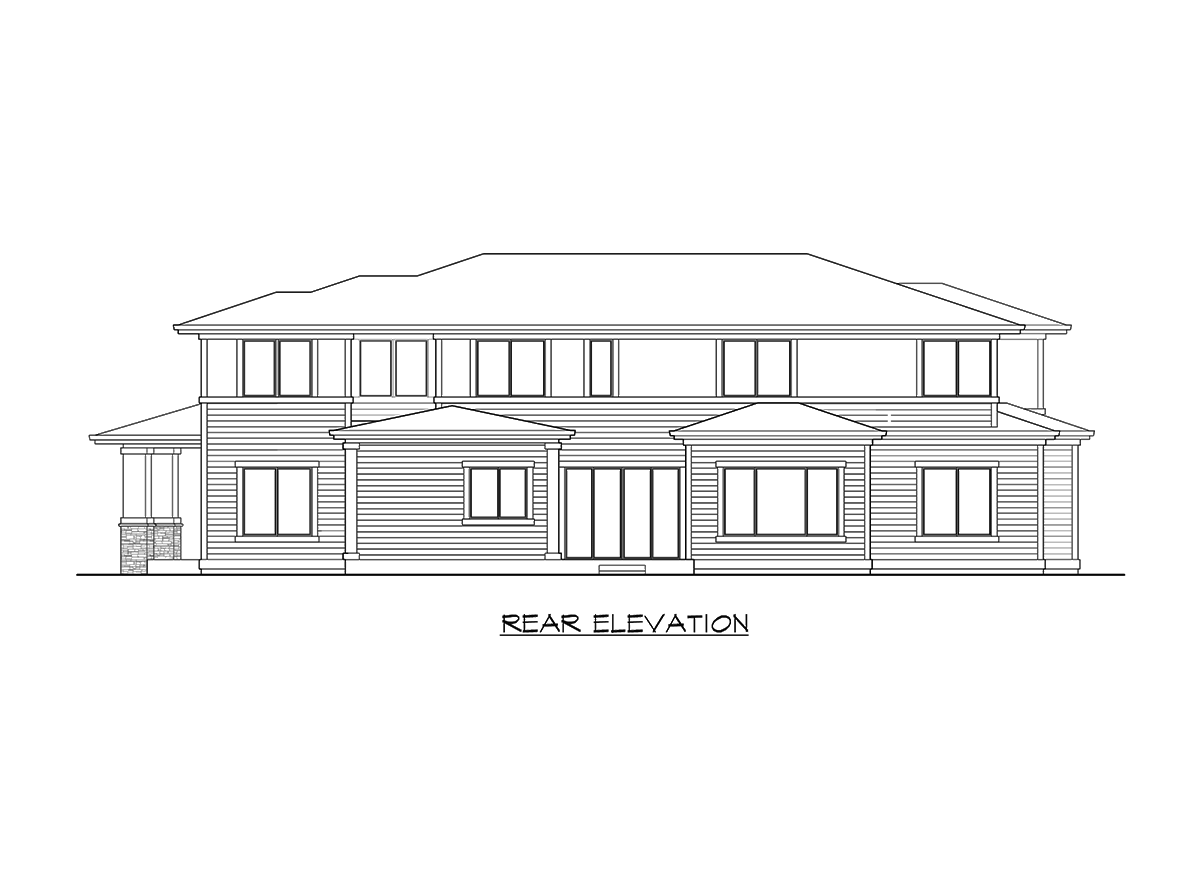 Rear elevation drawing of a two-story house with a prominent roofline, multiple gables, and large windows.
