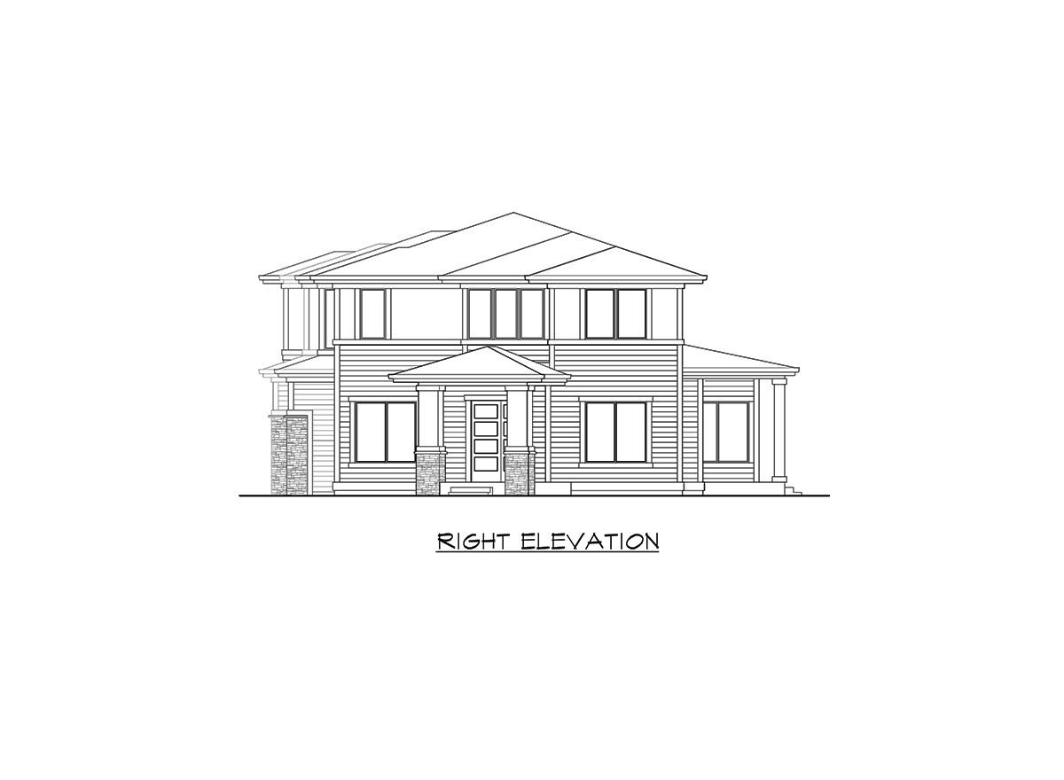 Right elevation drawing of a two-story house plan with horizontal siding, stone accents, gabled roof, and prominent entrance.