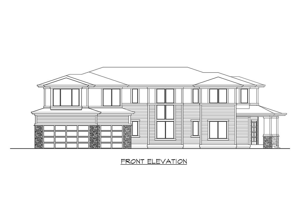 Front elevation drawing of a two-story house with a dual garage, prominent gables, and stone accents.