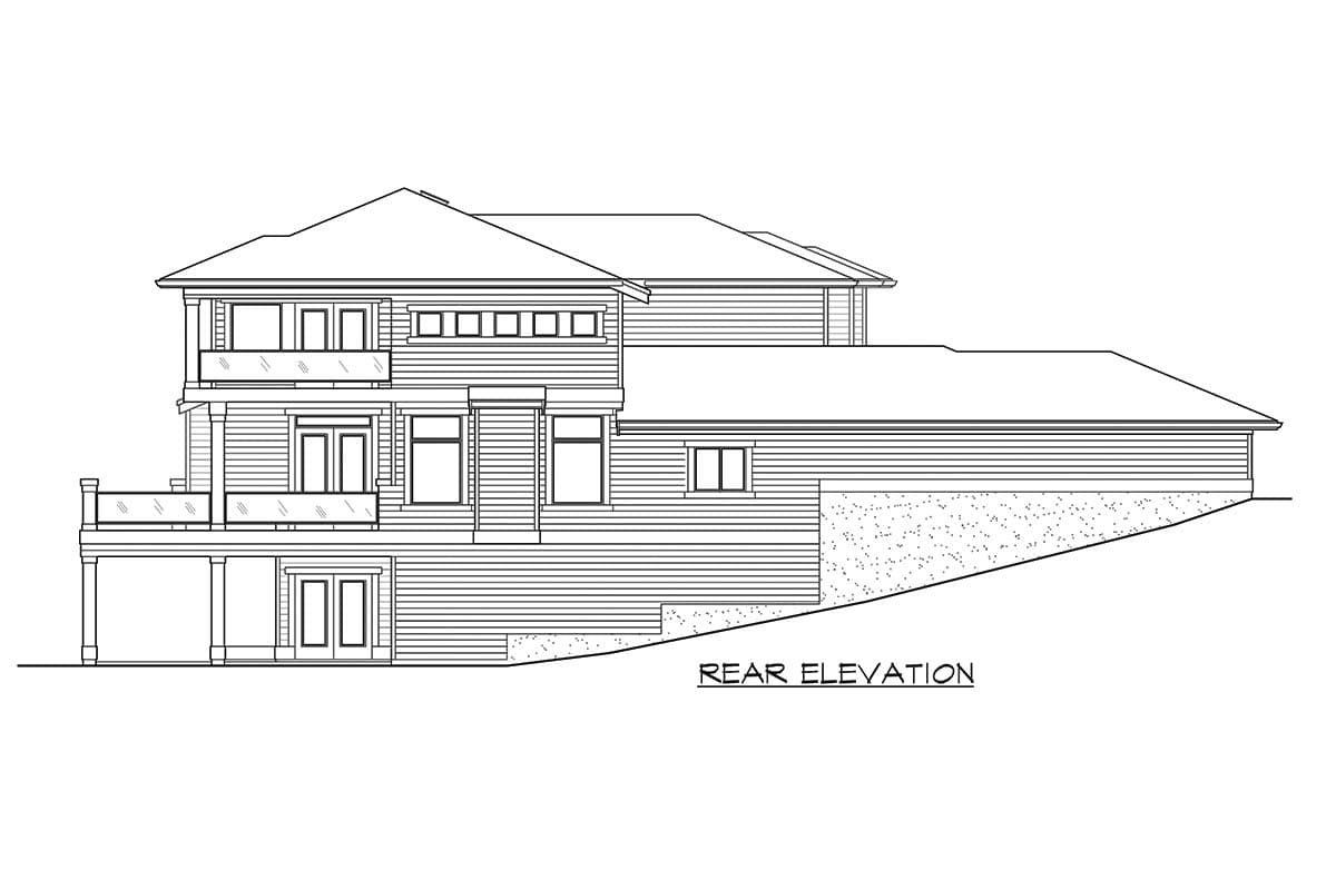 Rear elevation drawing of a multi-story house with balconies, multiple windows, and a sloped foundation.