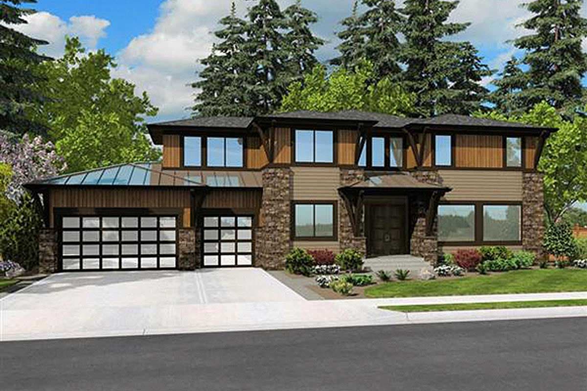 House plan exterior. Two-story home with a craftsman style, two-car garage, stone accents, and covered entryway. Features multiple gabled sections.