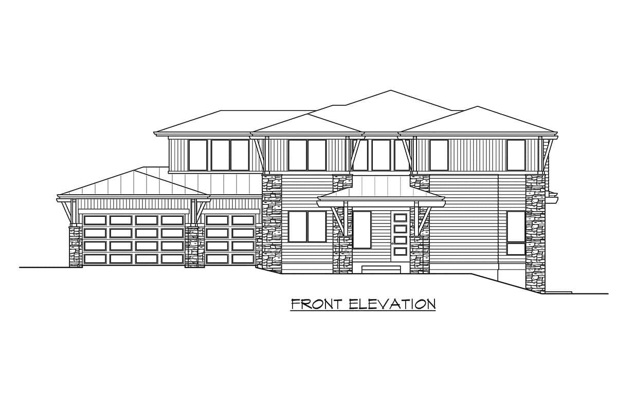 Front elevation house plan with a two-story main structure, attached two-car garage, gabled roof, and stone accents.