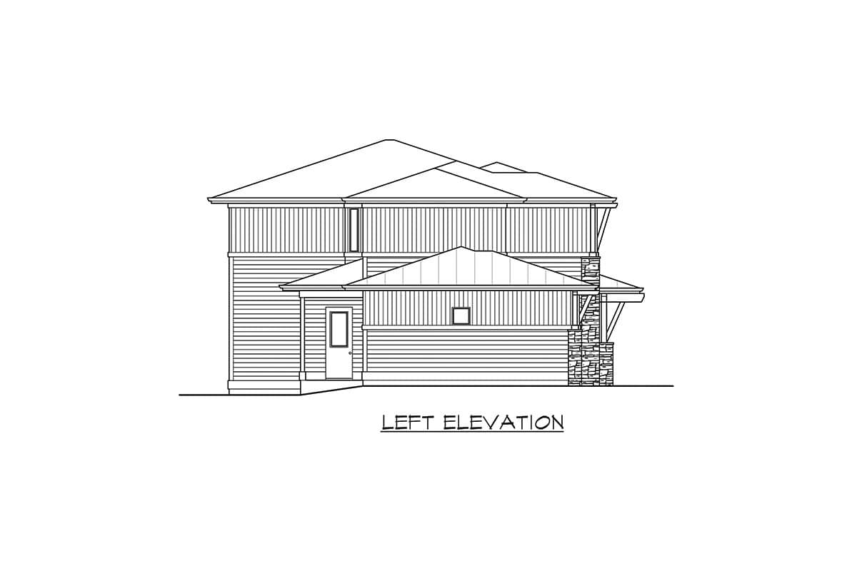 Left elevation drawing of a two-story house plan with a prominent gabled roof, horizontal siding, and stone accents on the base.