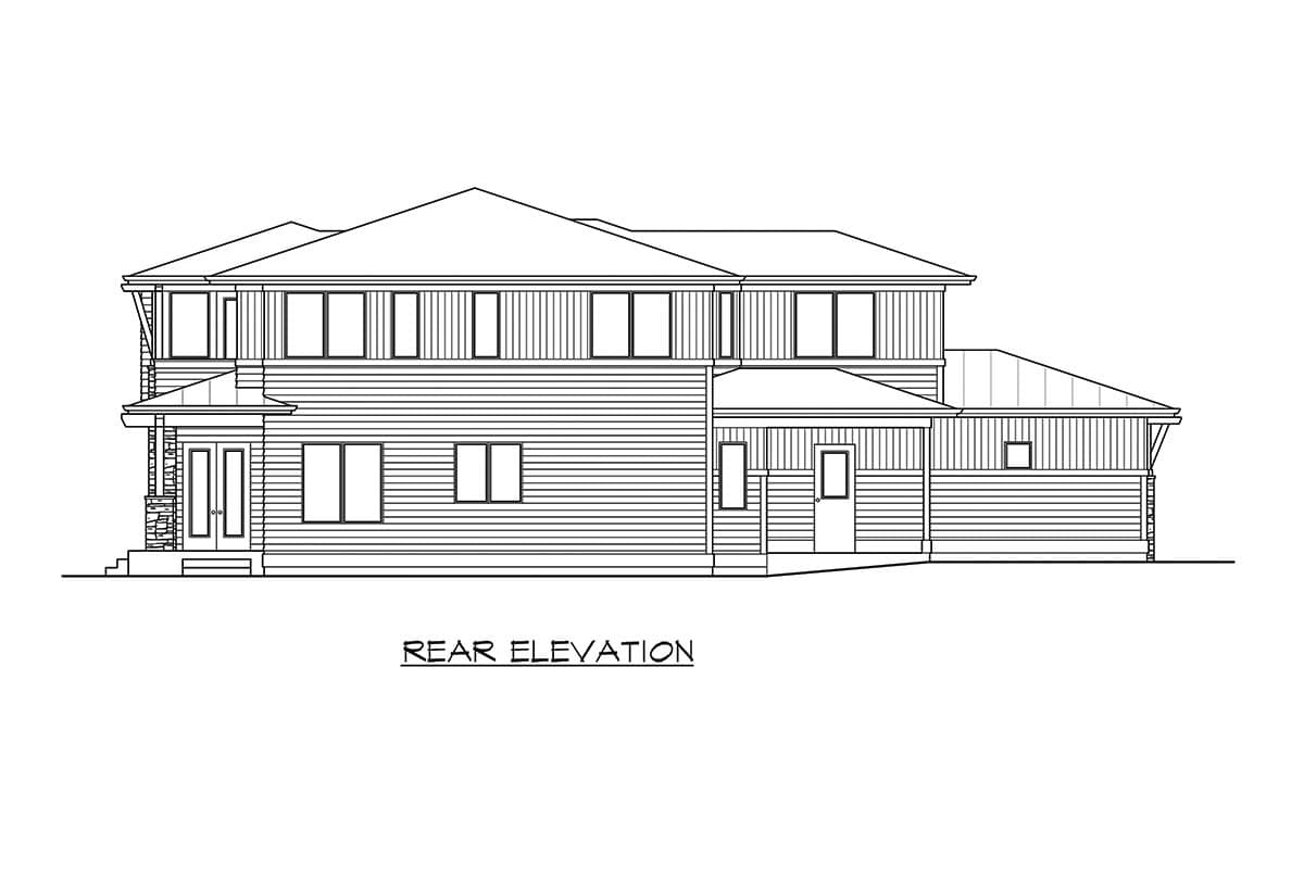Rear elevation drawing of a two-story house with lap siding, a covered entry, and multiple rooflines.