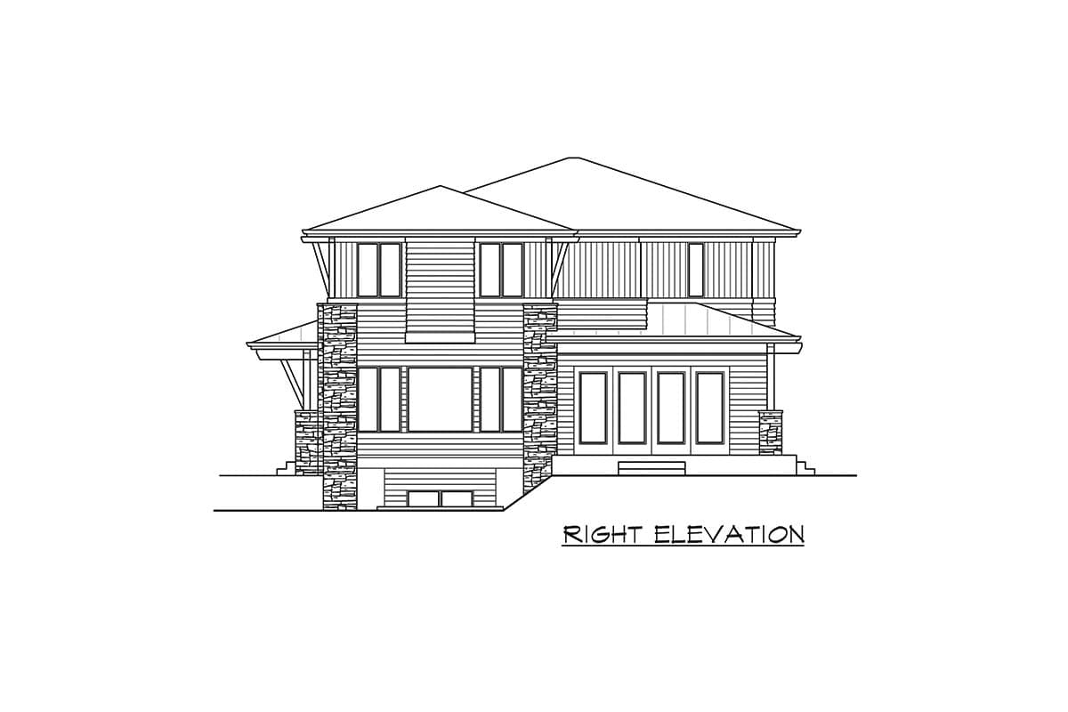 Right elevation house plan with horizontal siding, stone accents, multiple gables, and a two-story porch.