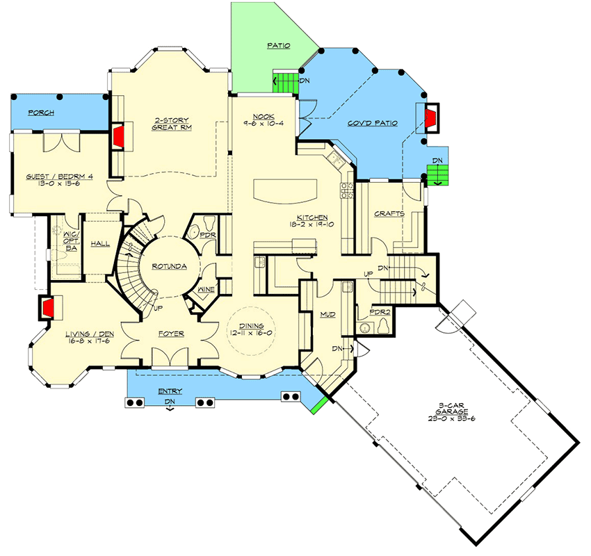 Plan 23756JD: Stunning Shingle Style House Plan with Home Theater Plus Bonus Room - Floor Plan - Main Level - Cape Cod, Coastal, Shingle, Traditional