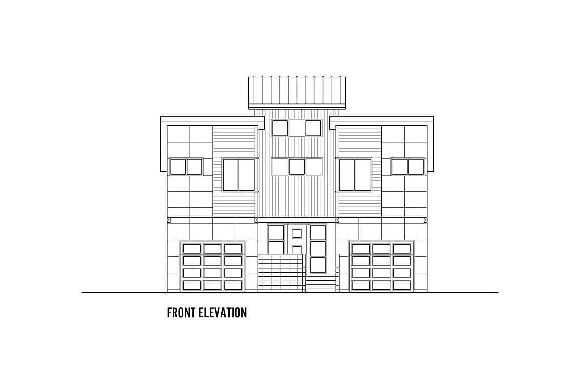 Front elevation of a two-story house plan featuring symmetrical garages, varied window styles, and a central entrance with steps.