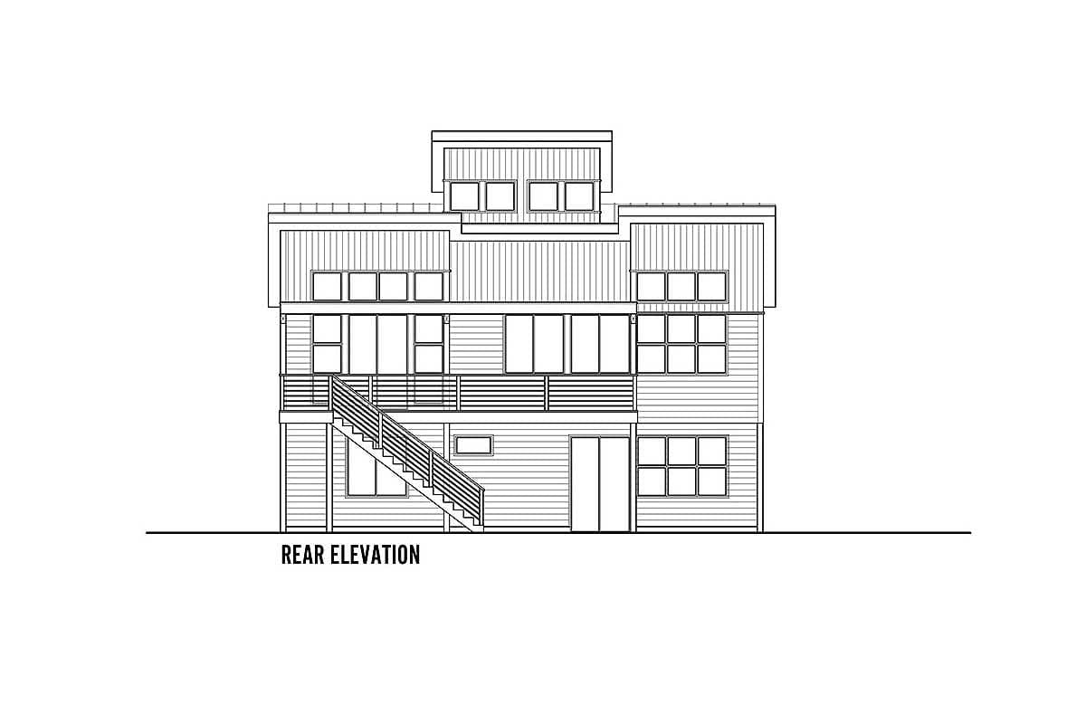 Rear elevation house plan showing multiple levels with windows, a balcony, stairs, and horizontal siding.