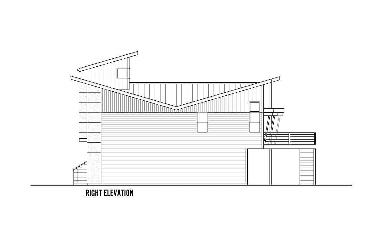 Right elevation of a modern house plan showing a multi-level roofline, horizontal siding, and a deck.