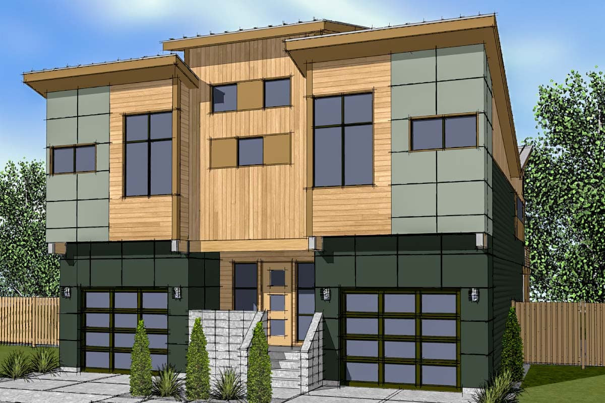 House plan exterior with two stories, flat rooflines, wood and composite siding, and two-car garage with glass doors.