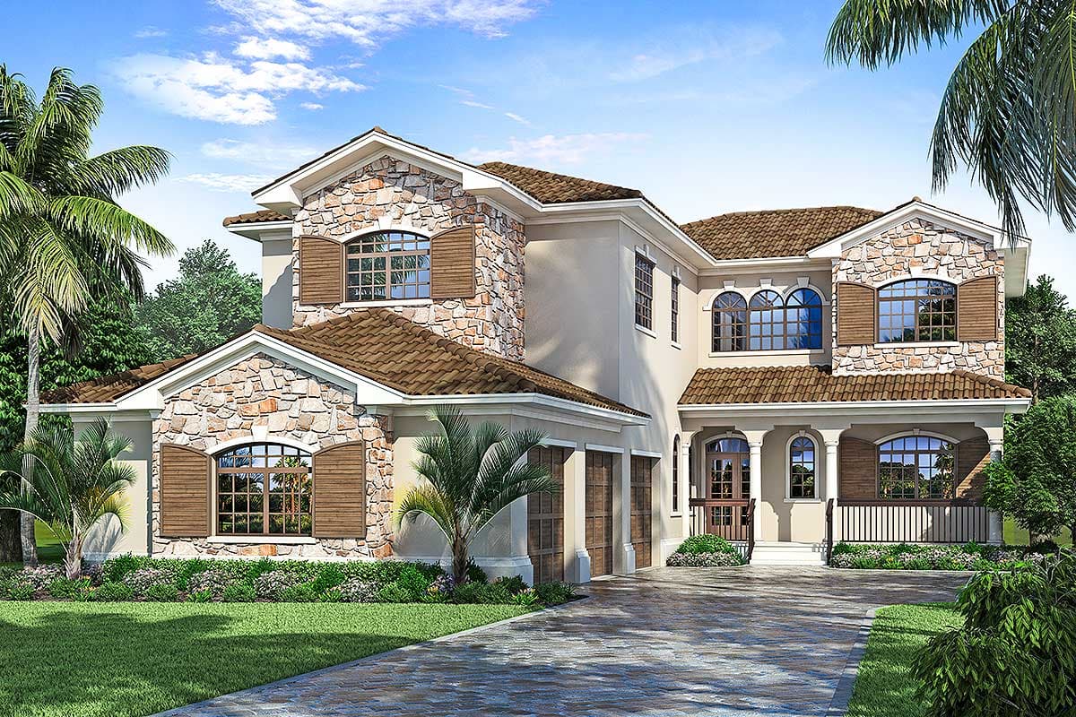 House plan exterior. Two-story Mediterranean-style house with stone accents, arched windows, shutters, and a covered porch. Includes a two-car garage.
