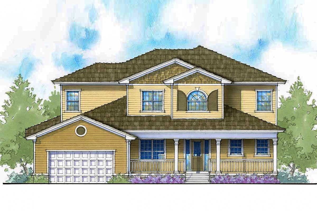 House plan exterior with two stories, a front porch with columns, a gabled roofline, and an attached garage.