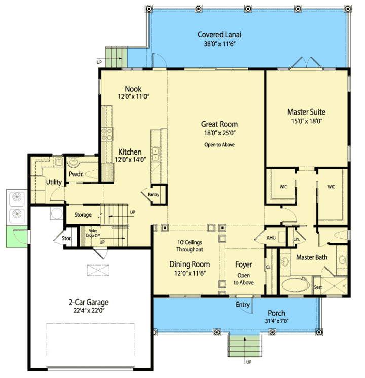 Plan 33201ZRX: Two-Story House Plan With Open Great Room - Floor Plan - Main Level - Southern, Traditional