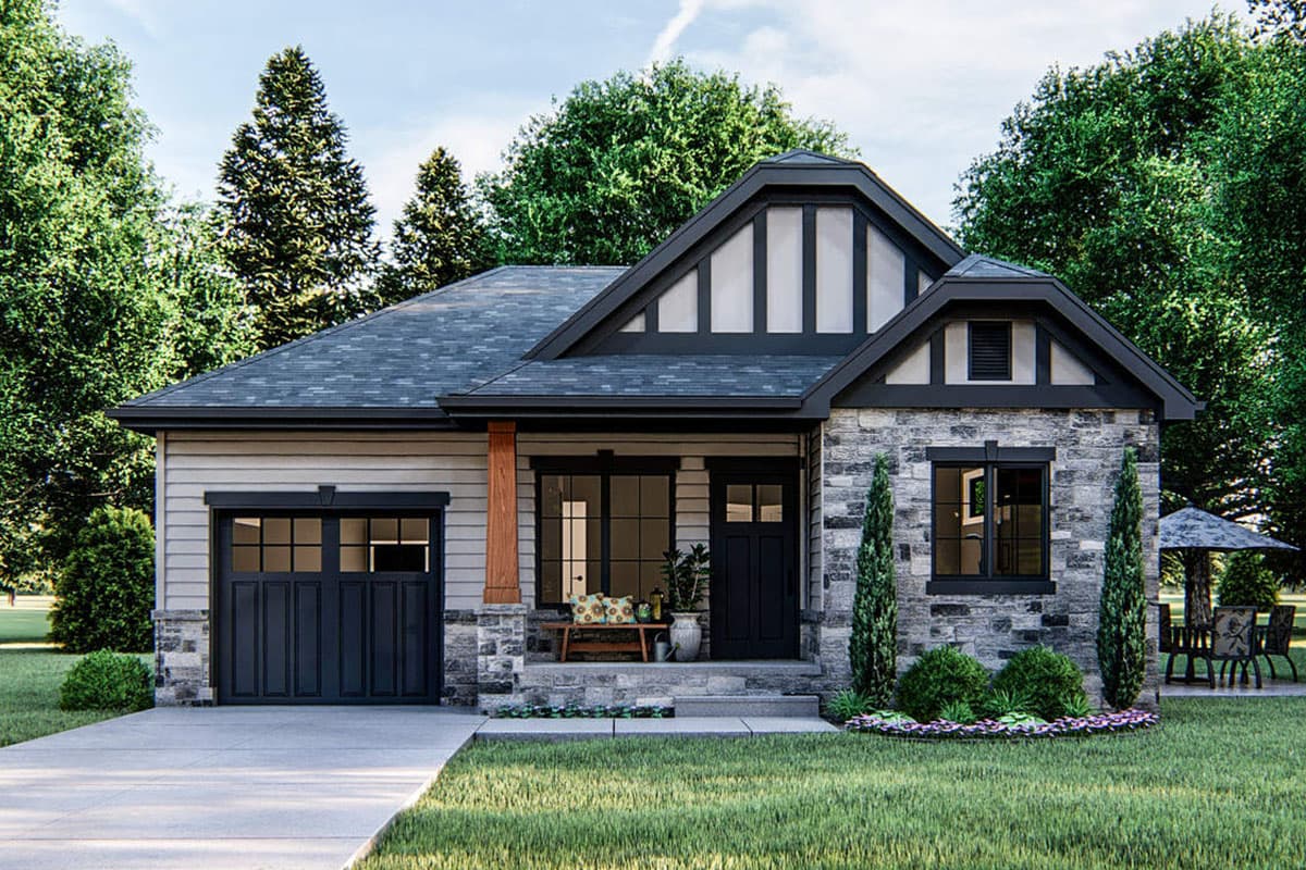 House plan exterior. Craftsman style, single-story home with a gabled roof and stone facade. Features include a front porch and attached garage.