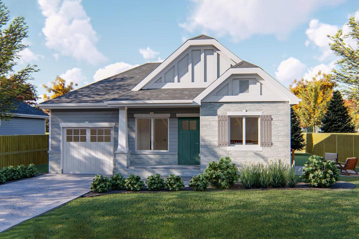 House plan exterior: One-story Modern Farmhouse with gable accents, stone facade, attached garage, and covered entry.