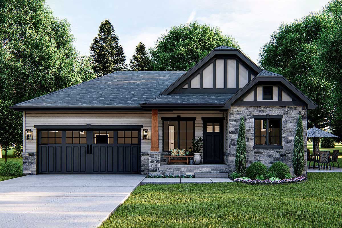 House plan exterior: Single-story Modern Farmhouse with stone accents, gabled roof, covered porch, and attached two-car garage.