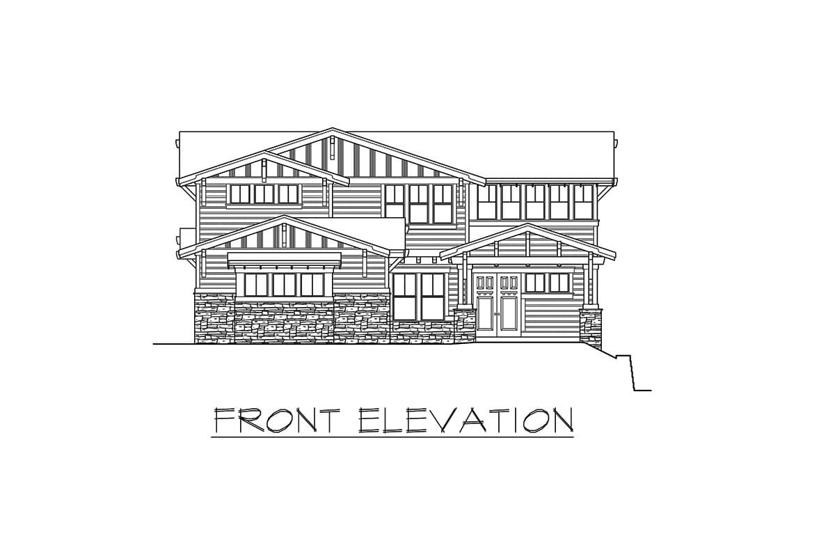 Front elevation drawing of a two-story Craftsman style house plan with stone base, wide eaves, and covered entry.