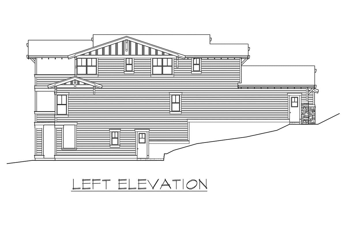 Left elevation drawing of a multi-story house plan with horizontal siding, varied rooflines, multiple windows, and a stone-accented garage entry.