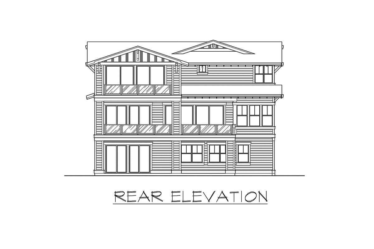 Rear elevation drawing of a three-story house plan with multiple windows, balconies, and gabled dormers.