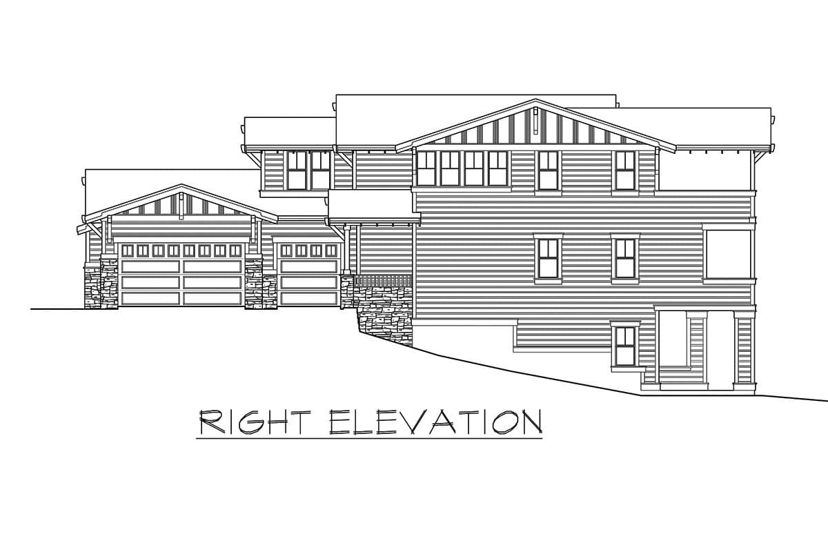 Right elevation of a two-story house plan with a three-car garage, gabled dormers, and stone accents.