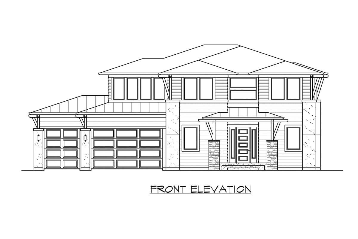 Front elevation drawing of a two-story house with a three-car garage, covered porch, and multiple gables.