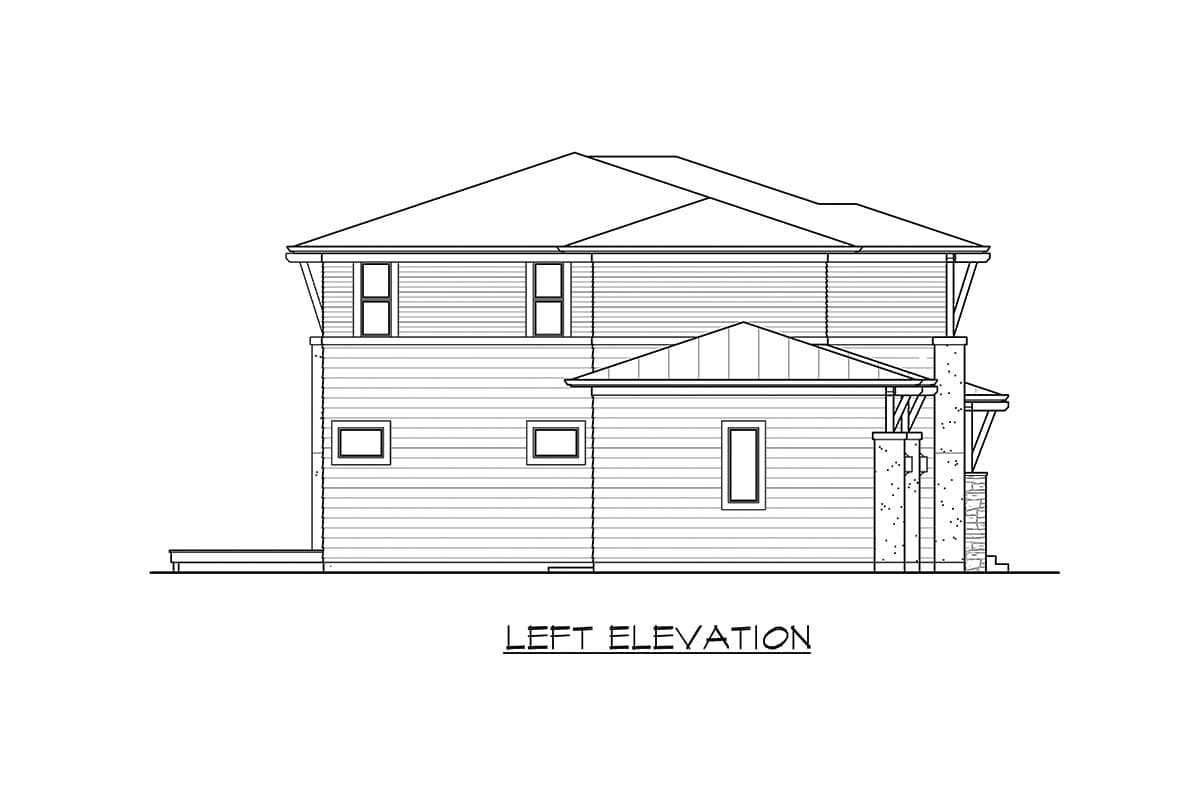 Left elevation drawing of a two-story house plan with hip roof, horizontal siding, and a stone-clad chimney.