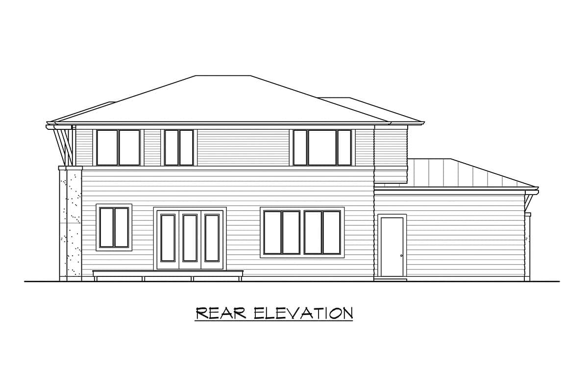 Rear elevation drawing of a two-story house with double doors, multiple windows, and an attached garage.
