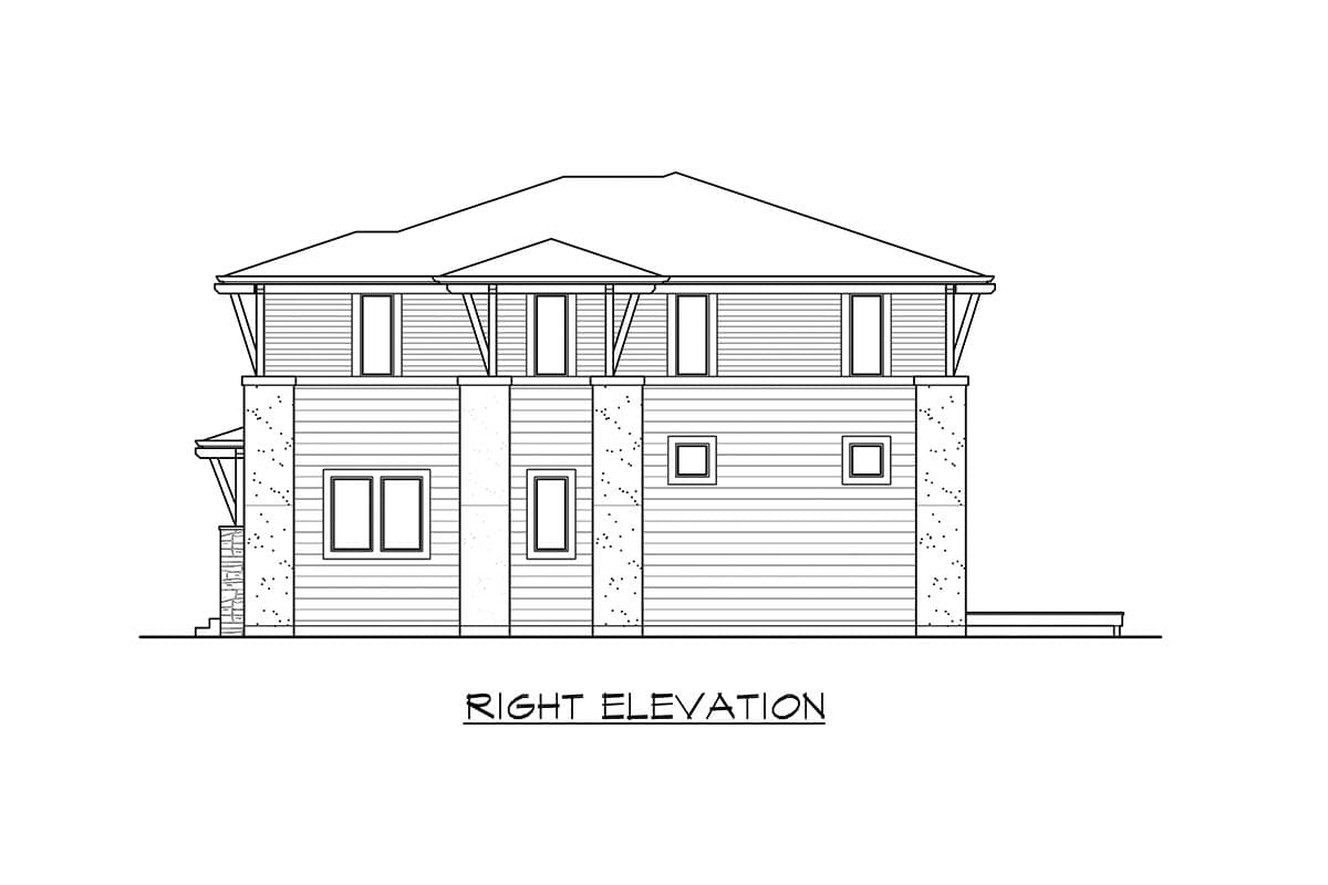 Right elevation drawing of a two-story house plan with a hip roof, lap siding, and stone accents.