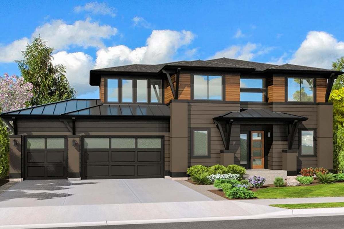 House plan exterior. Two-story modern style with horizontal siding, a shed roof, and a covered entry. Features include a two-car garage.