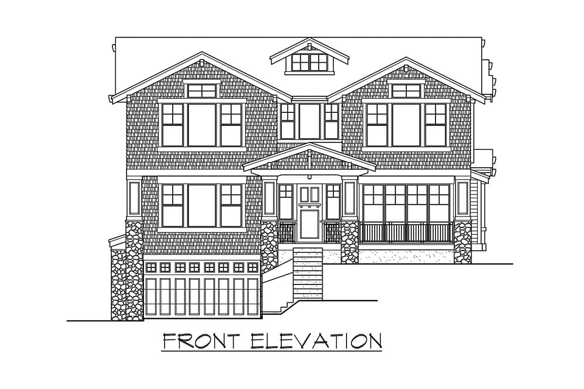Front elevation of a two-story house plan with dormers, gables, a covered porch, and stone accents.