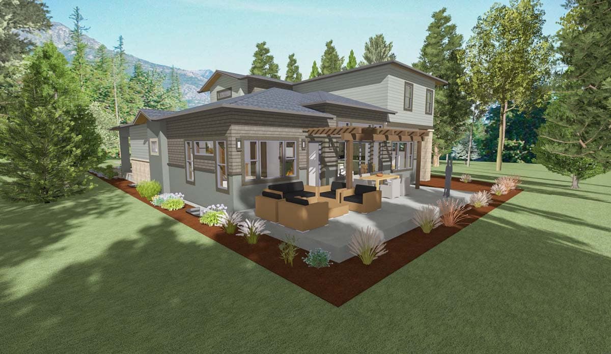 House plan exterior rendering of a two-story home with a covered patio, pergola, and multiple gables.