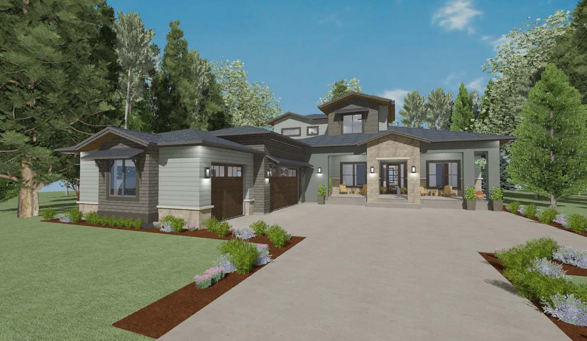 House plan exterior with varied rooflines, three-car garage, and stone-accented entryway.