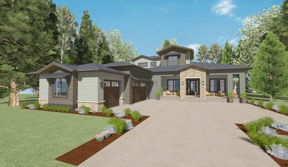 House plan exterior. Modern style, two stories. Features include a covered porch, multiple rooflines, and a three-car garage.