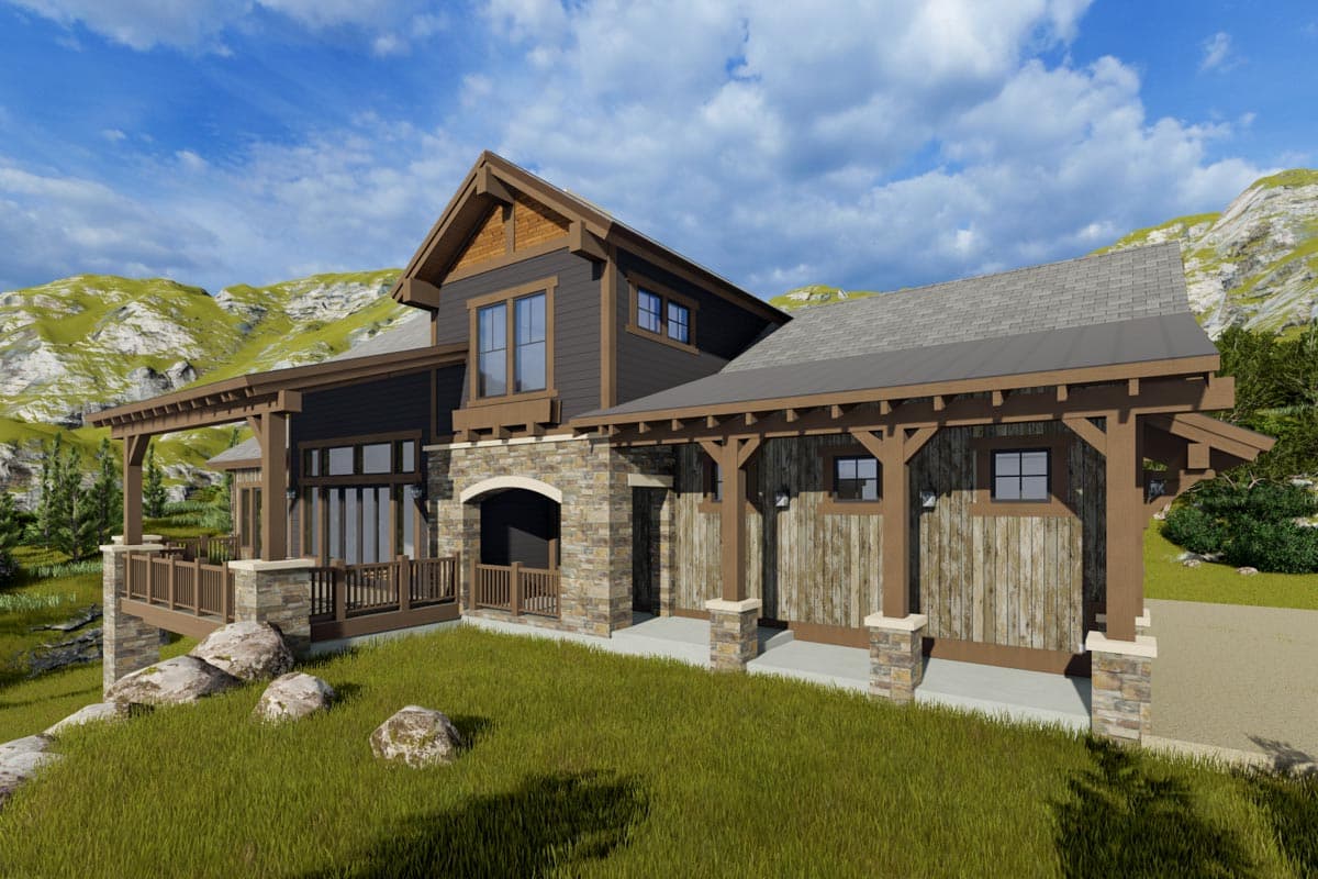 House plan exterior with stone base, wood siding, covered porch with timber posts, and gabled dormers.