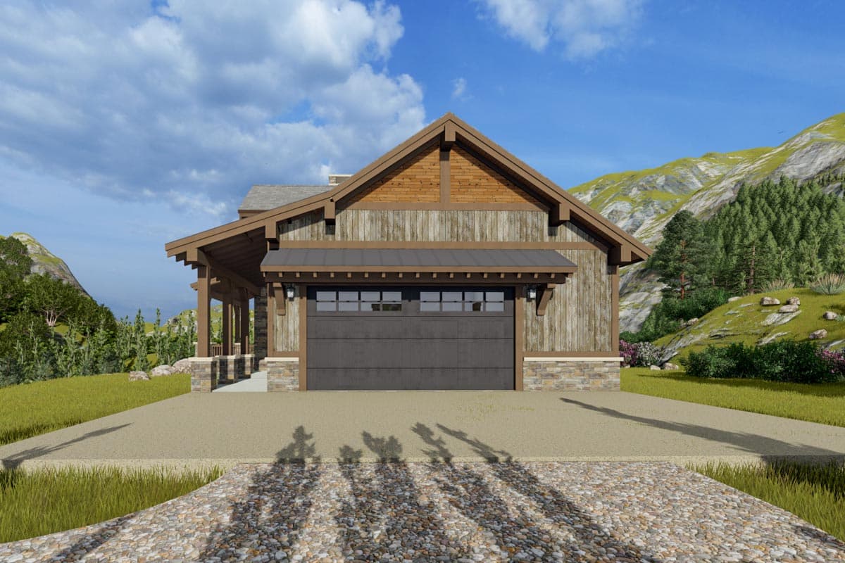 House plan exterior rendering shows a two-story modern farmhouse with stone foundation, wood siding, gables, and a covered entry.