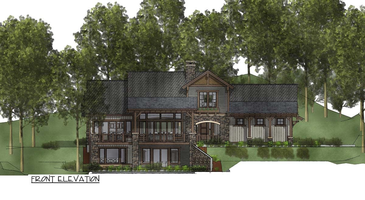 Front elevation of a multi-story house plan featuring stone and wood siding, gables, multiple balconies, and large windows.